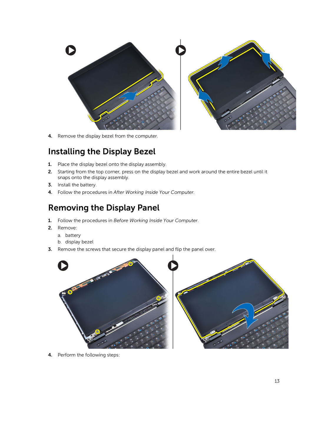 Dell E5440 owner manual Installing the Display Bezel, Removing the Display Panel 