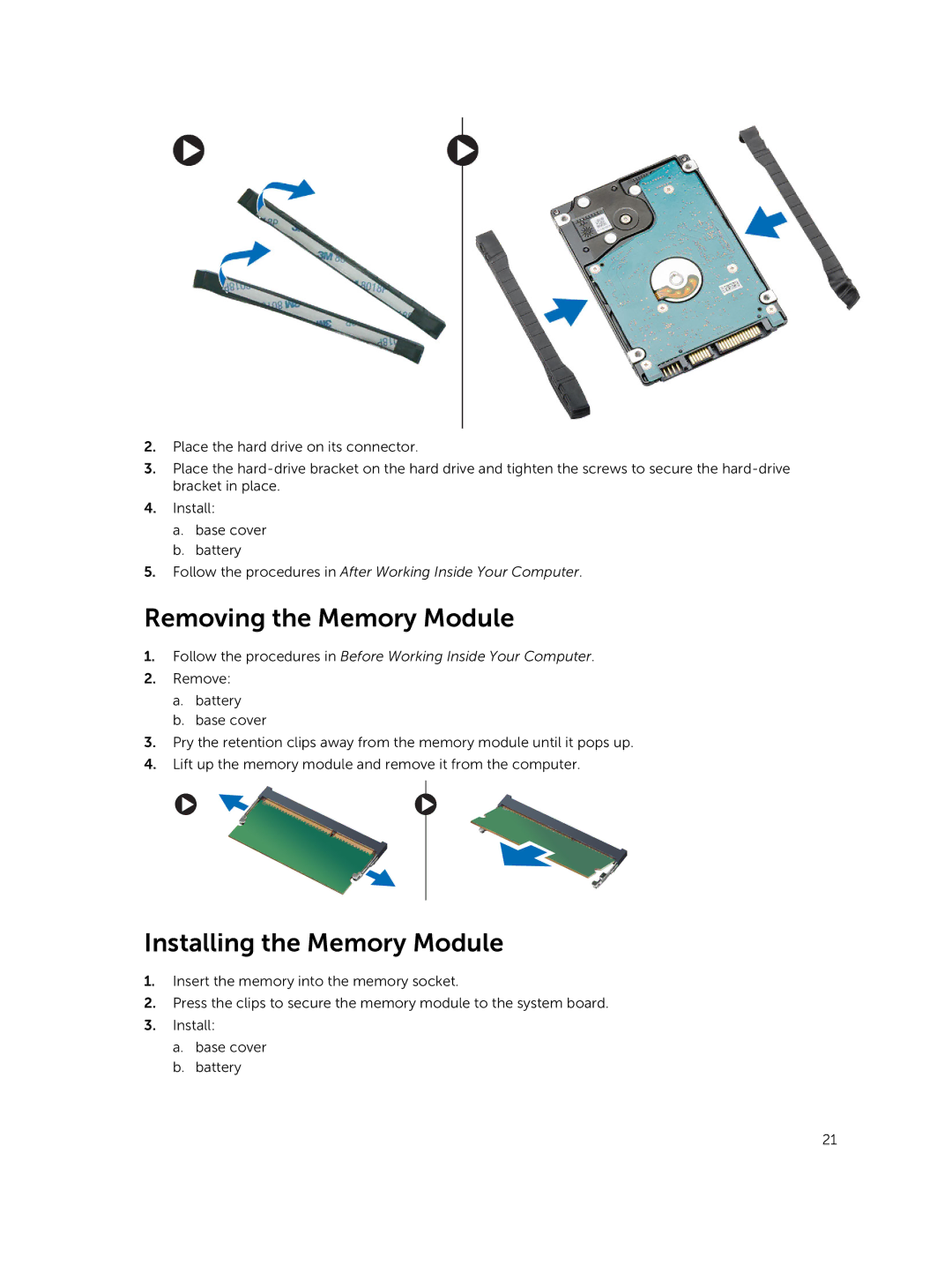 Dell E5440 owner manual Removing the Memory Module, Installing the Memory Module 