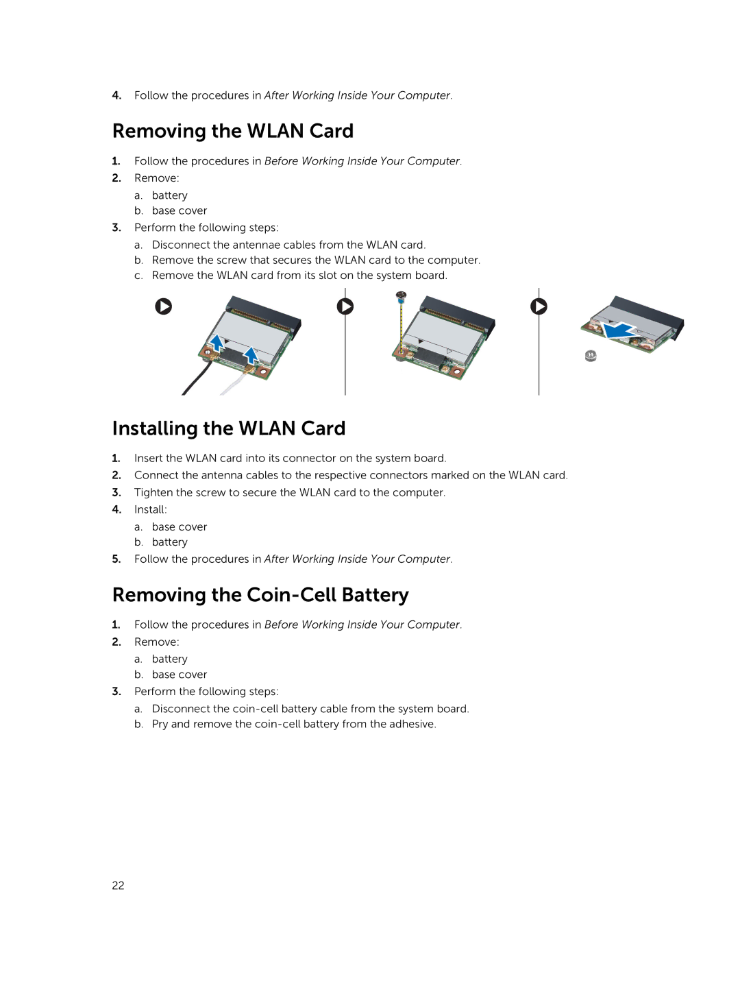 Dell E5440 owner manual Removing the Wlan Card, Installing the Wlan Card, Removing the Coin-Cell Battery 