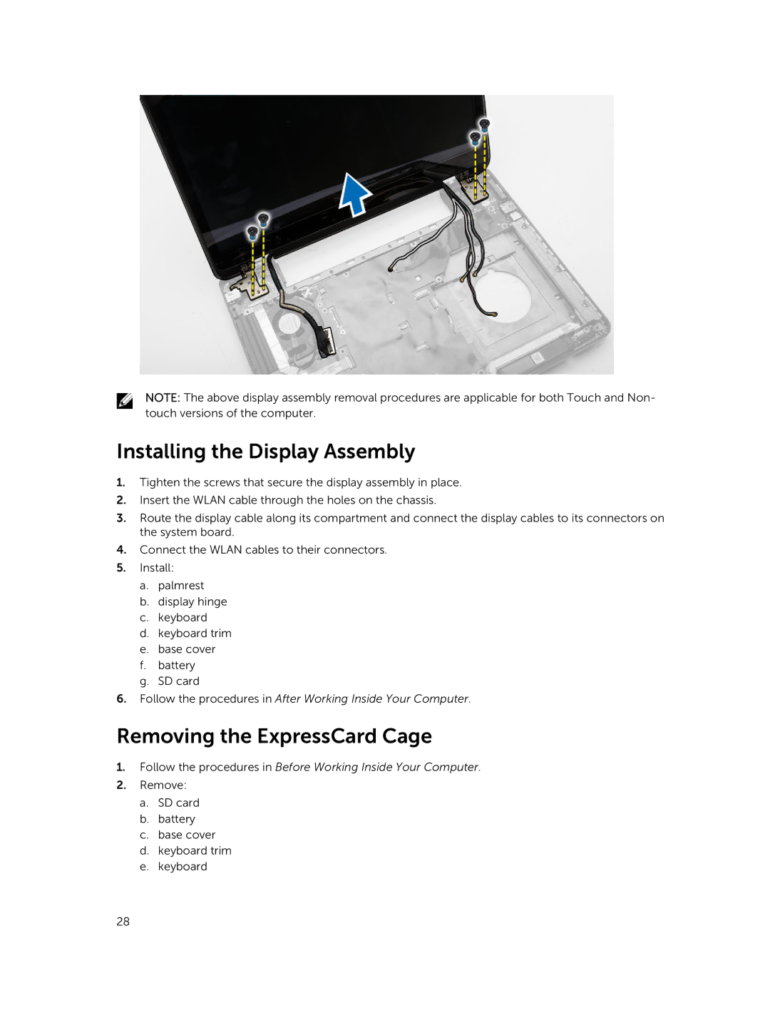 Dell E5440 owner manual Installing the Display Assembly, Removing the ExpressCard Cage 