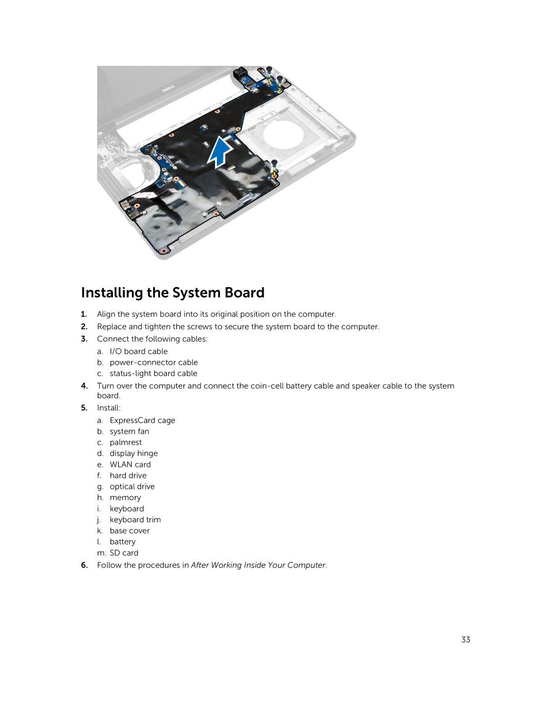 Dell E5440 owner manual Installing the System Board 