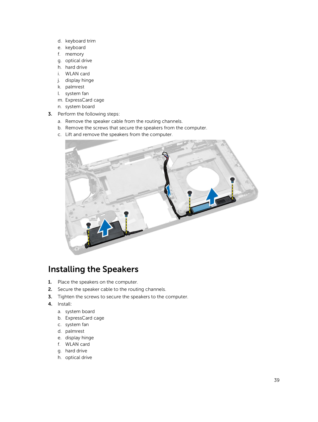 Dell E5440 owner manual Installing the Speakers 