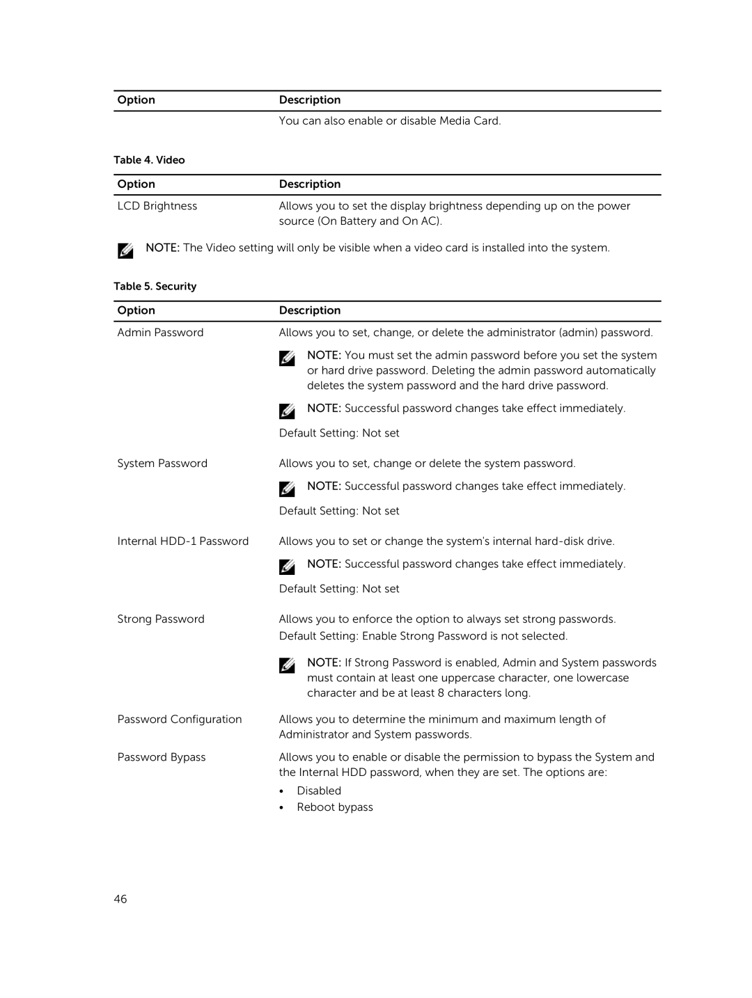 Dell E5440 owner manual Option Description You can also enable or disable Media Card 