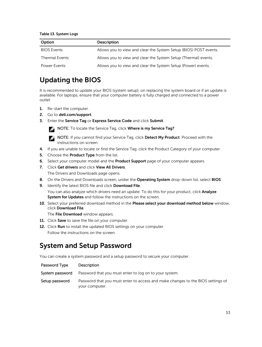 Dell E5440 owner manual Updating the Bios, System and Setup Password 