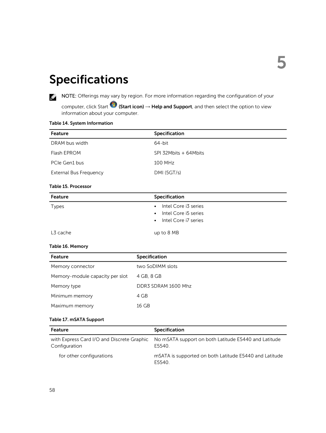 Dell E5440 owner manual Specifications 