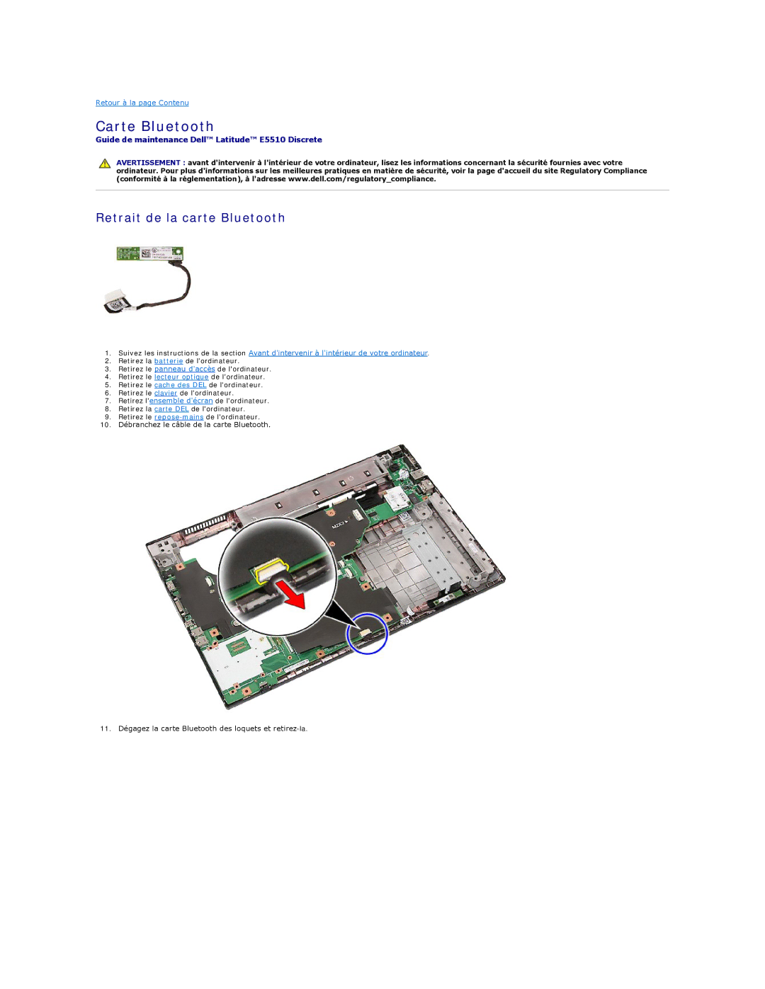 Dell E5510 manual Carte Bluetooth, Retrait de la carte Bluetooth 