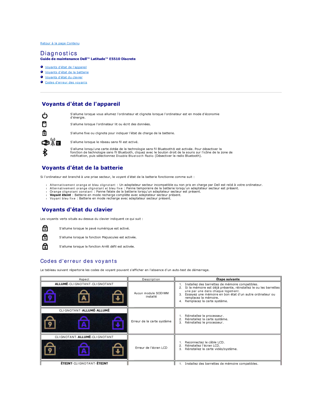 Dell E5510 manual Diagnostics, Voyants détat de lappareil, Voyants détat de la batterie, Voyants détat du clavier 