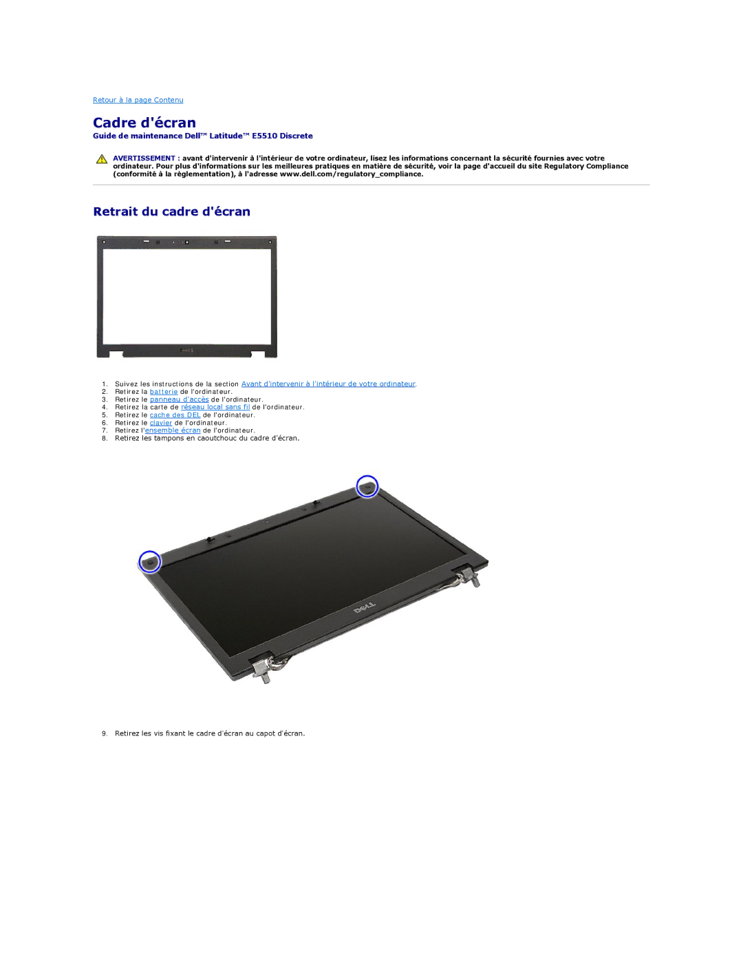 Dell E5510 manual Cadre décran, Retrait du cadre décran 