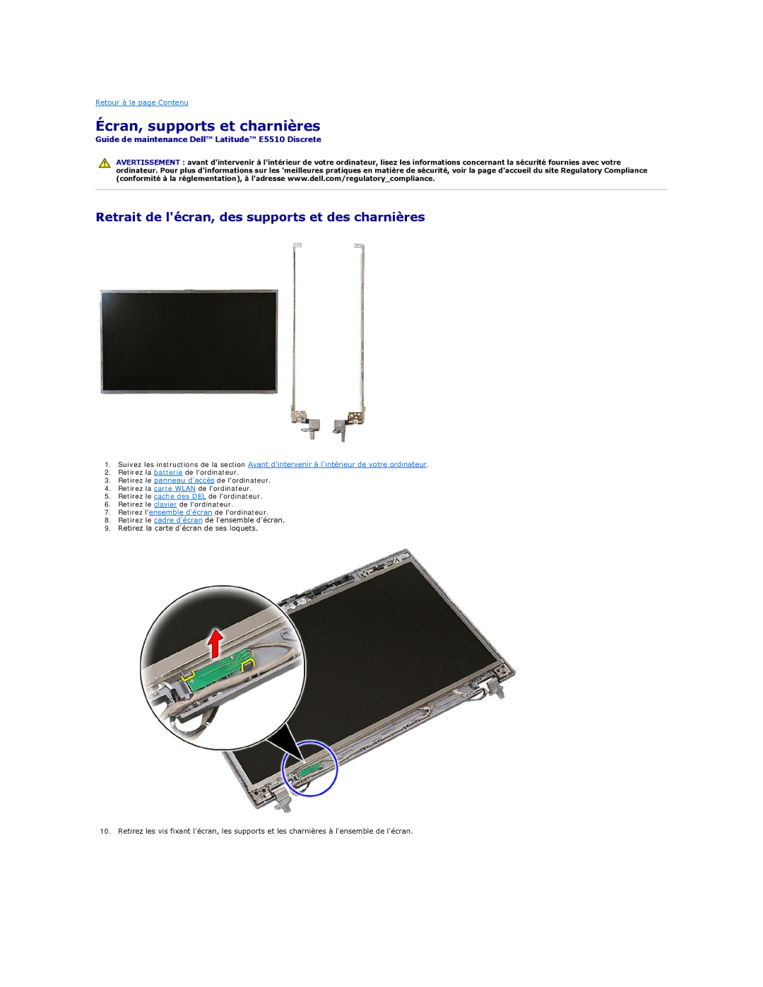 Dell E5510 manual Écran, supports et charnières, Retrait de lécran, des supports et des charnières 