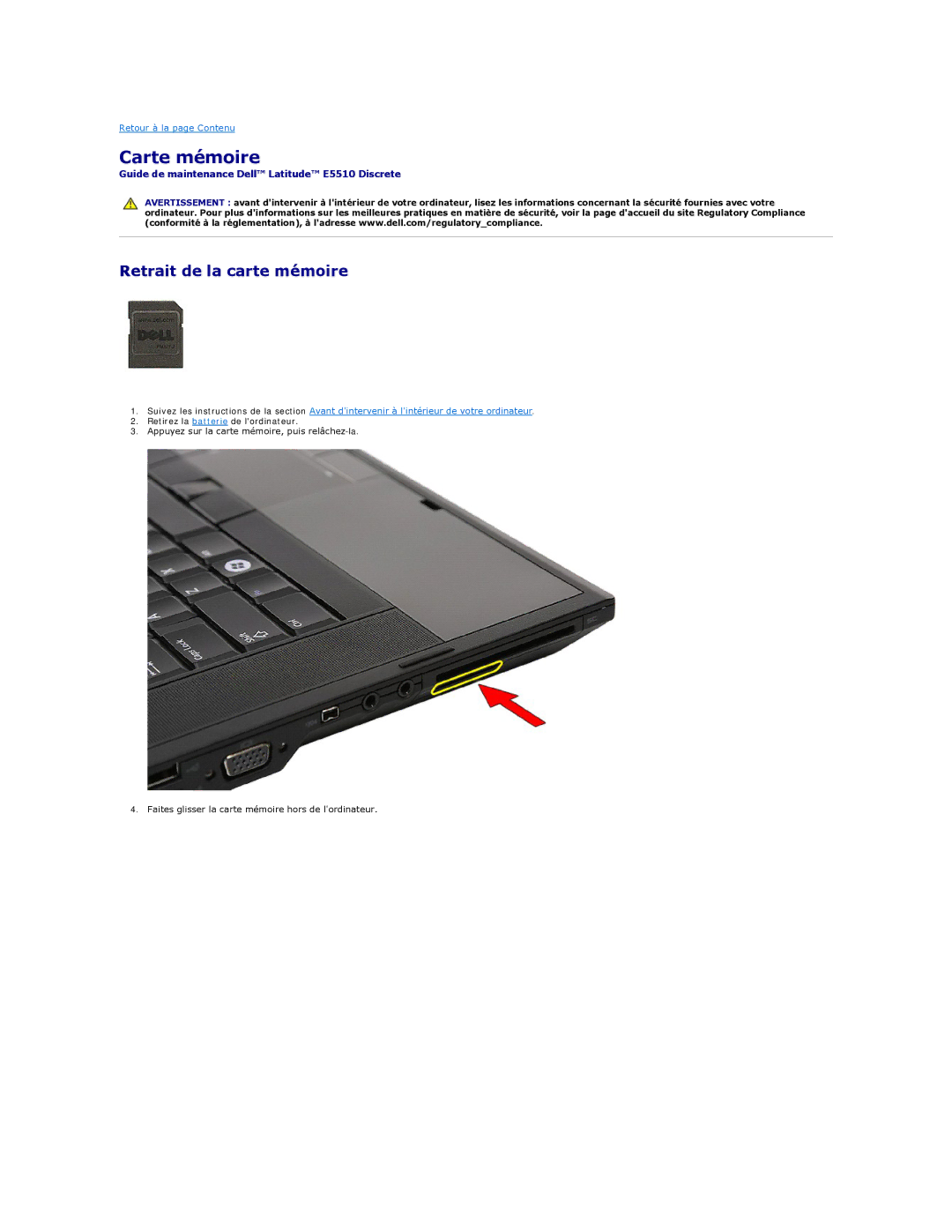 Dell E5510 manual Carte mémoire, Retrait de la carte mémoire 