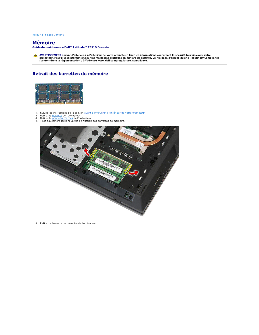 Dell E5510 manual Mémoire, Retrait des barrettes de mémoire 