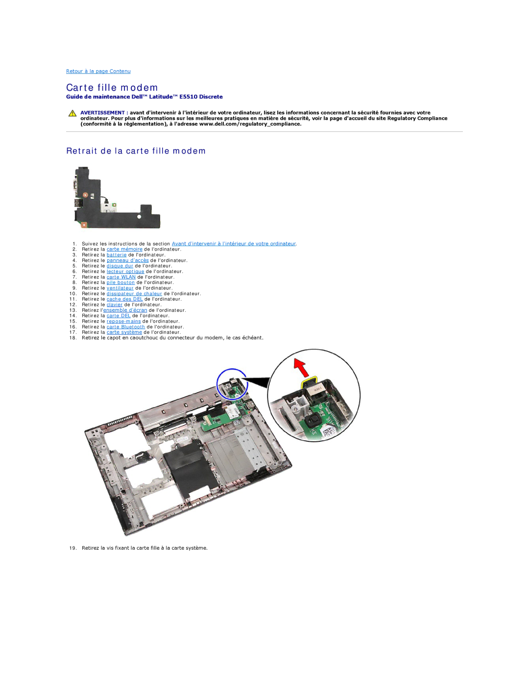 Dell E5510 manual Carte fille modem, Retrait de la carte fille modem 