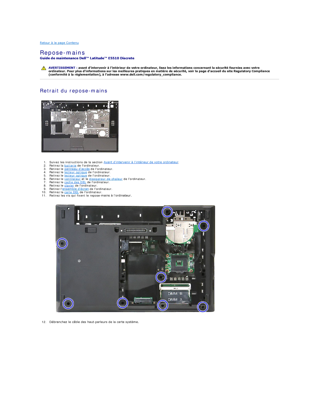 Dell E5510 manual Repose-mains, Retrait du repose-mains 