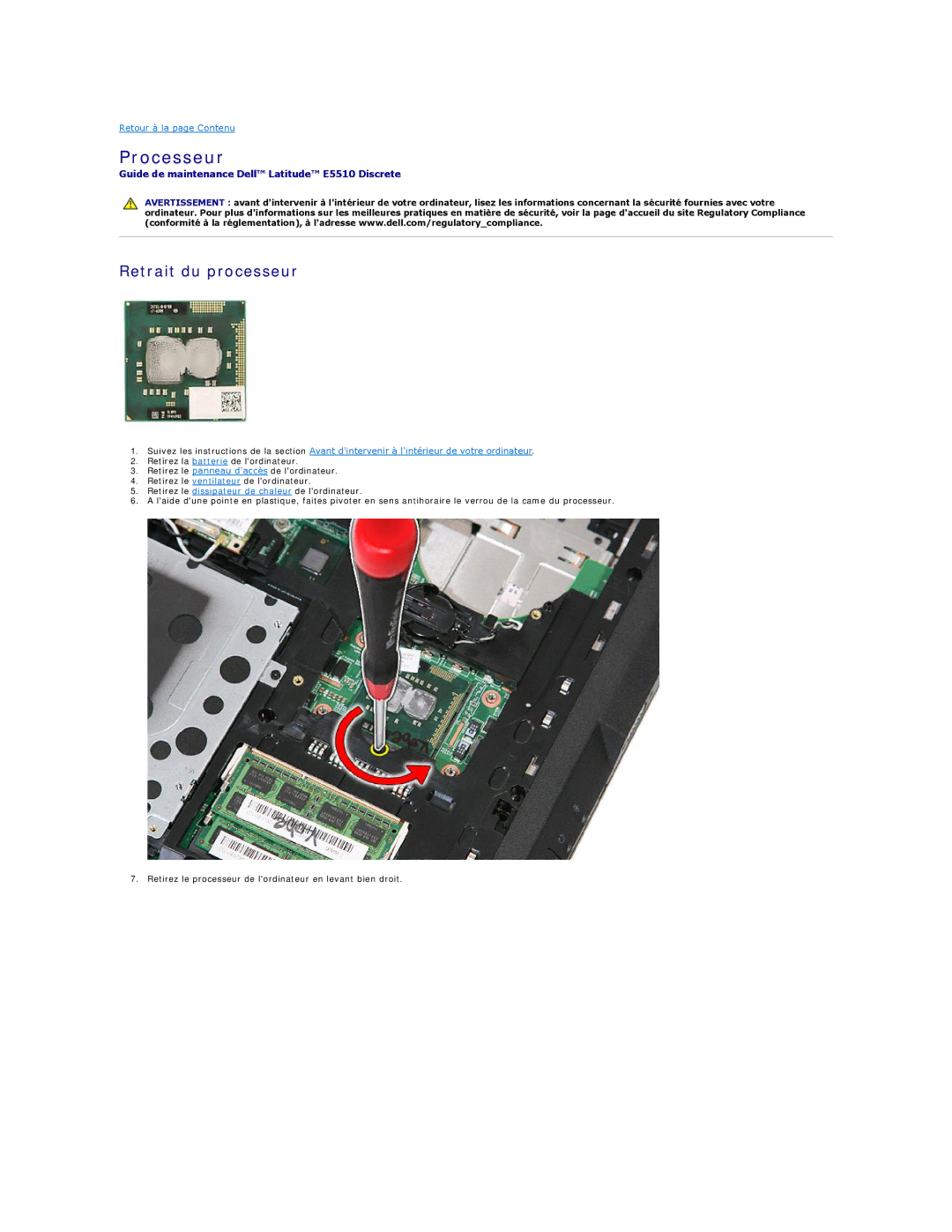 Dell E5510 manual Processeur, Retrait du processeur 