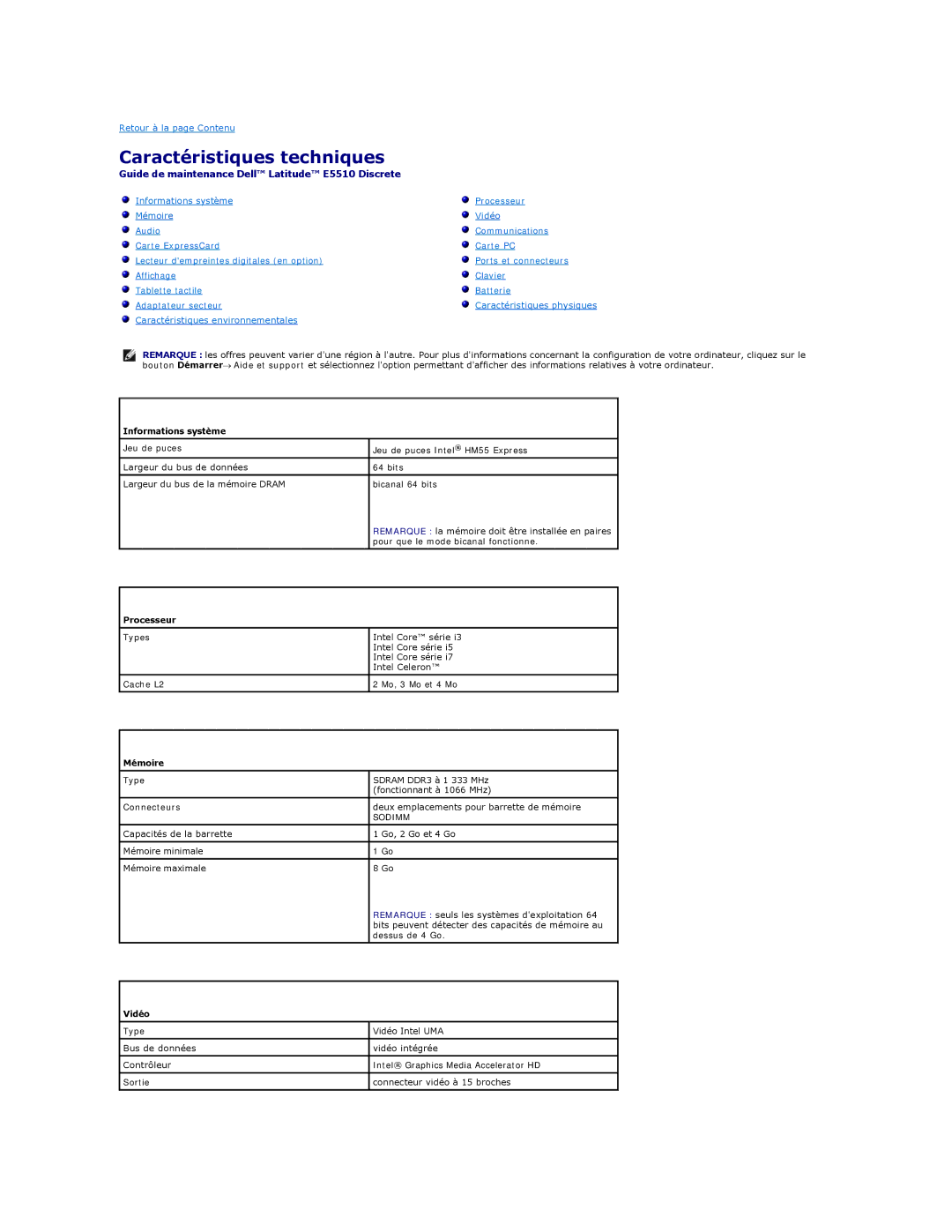 Dell E5510 manual Caractéristiques techniques, Processeur, Mémoire 