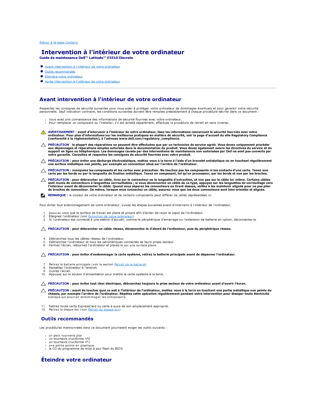Dell E5510 manual Intervention à lintérieur de votre ordinateur, Avant intervention à lintérieur de votre ordinateur 