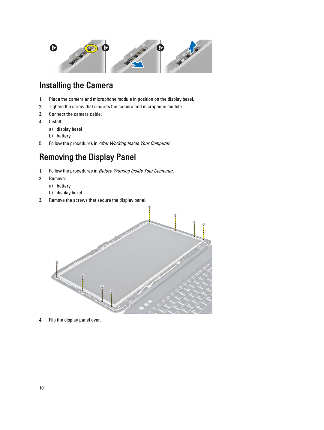 Dell E5530 owner manual Installing the Camera, Removing the Display Panel 