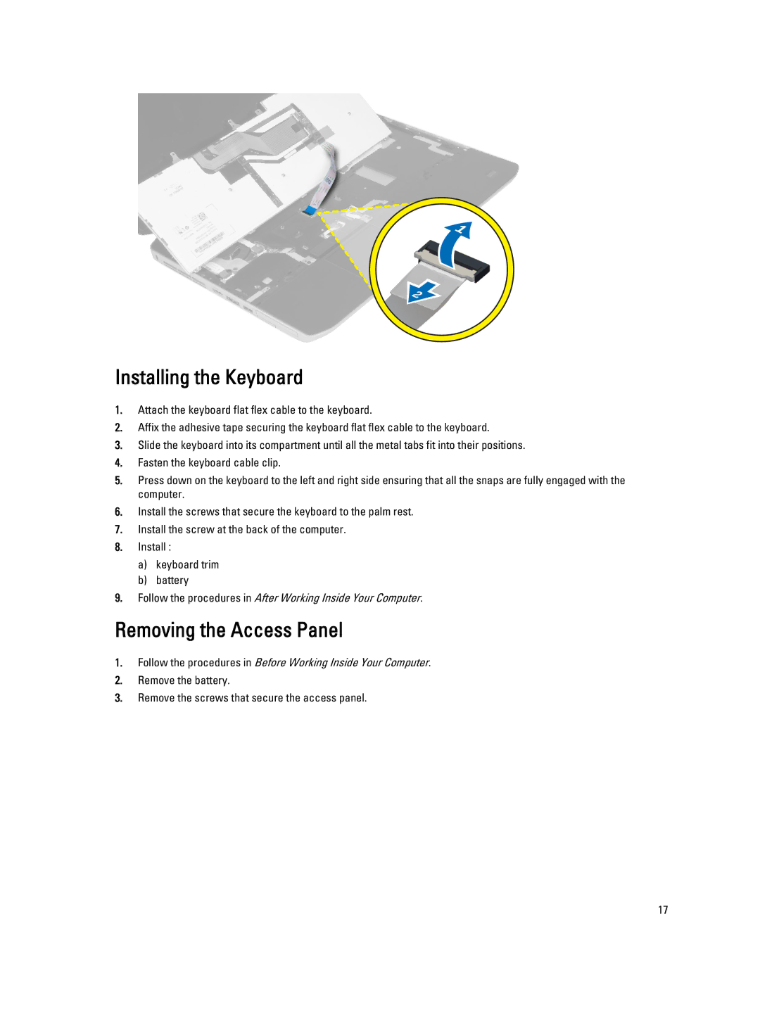 Dell E5530 owner manual Installing the Keyboard, Removing the Access Panel 