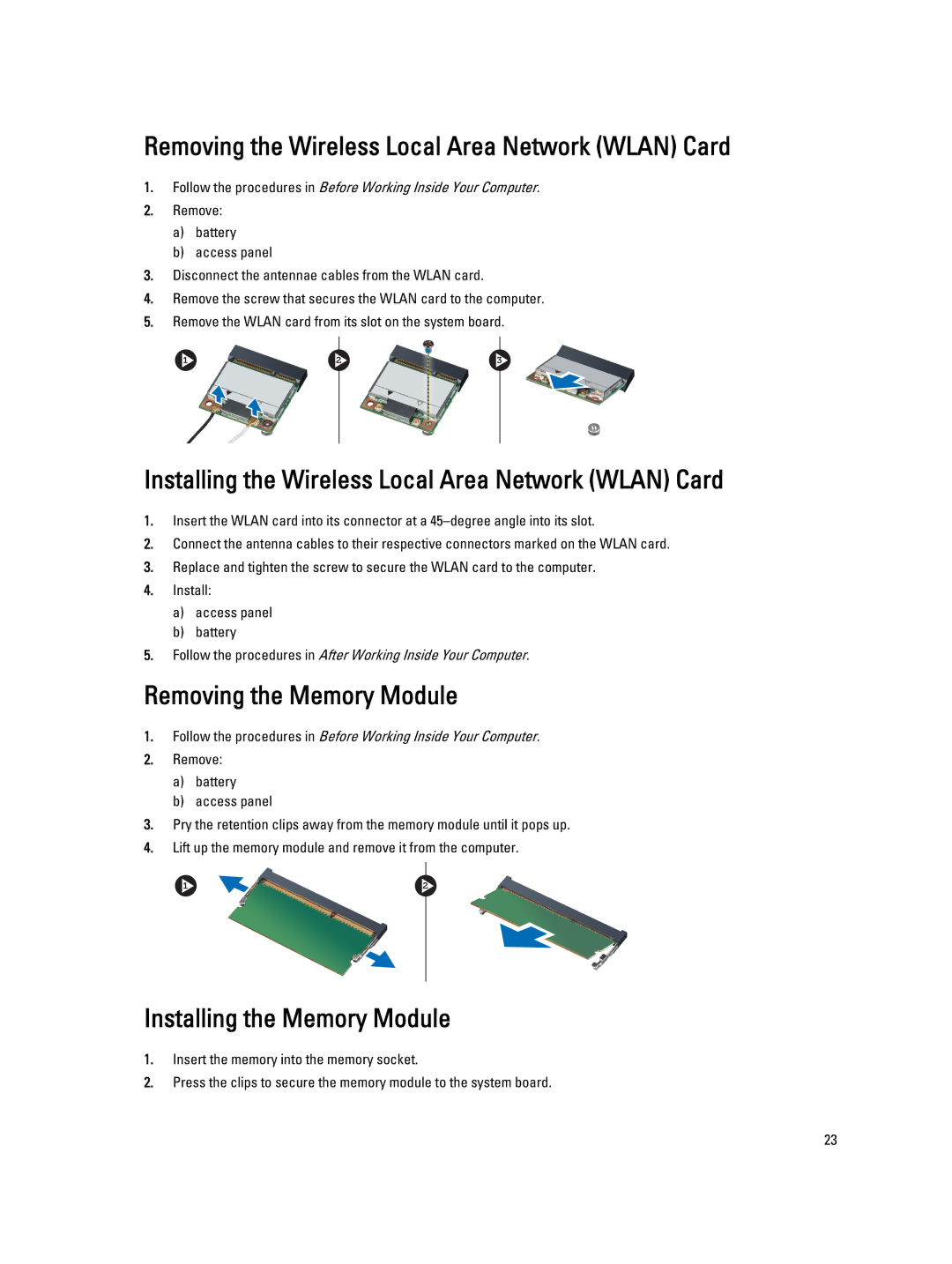 Dell E5530 Removing the Wireless Local Area Network Wlan Card, Installing the Wireless Local Area Network Wlan Card 