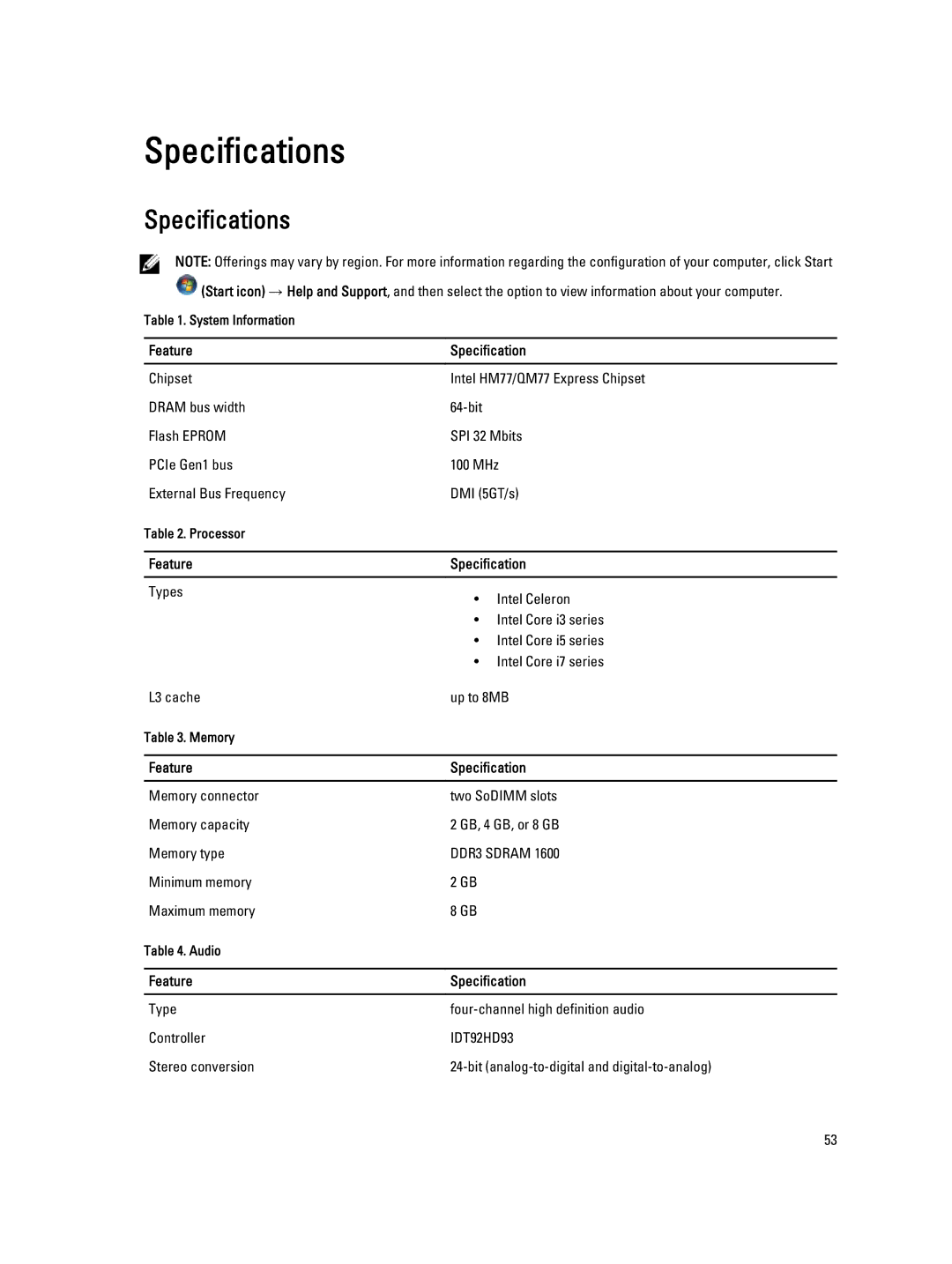 Dell E5530 owner manual Specifications 