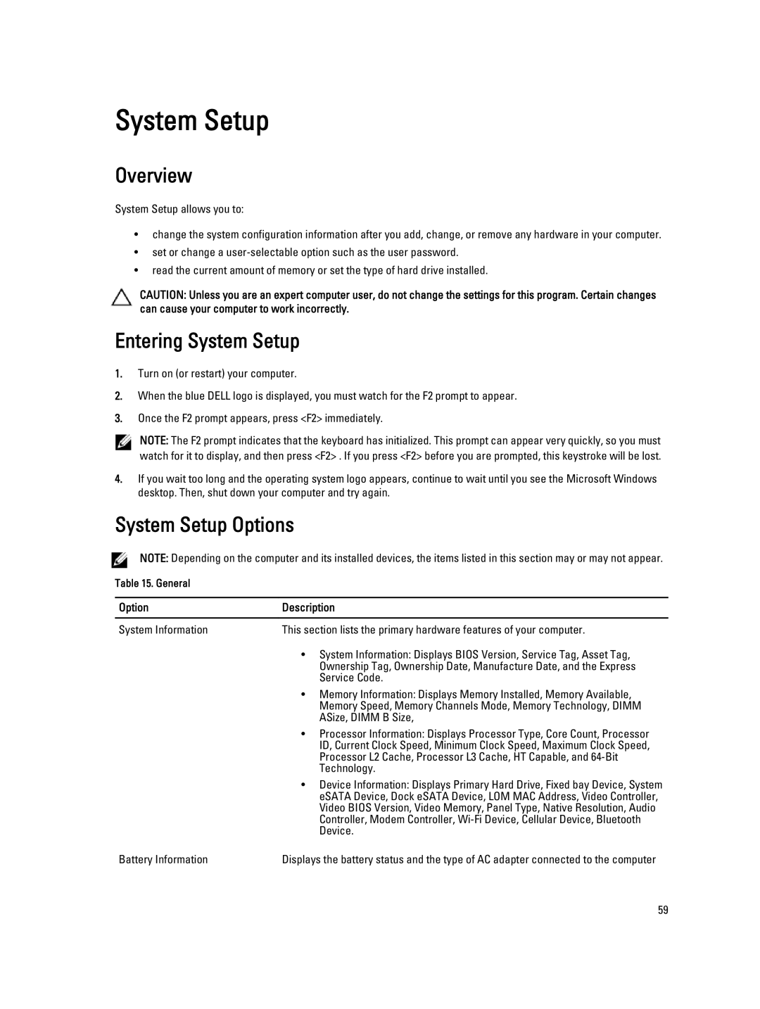 Dell E5530 owner manual Overview, Entering System Setup, System Setup Options 