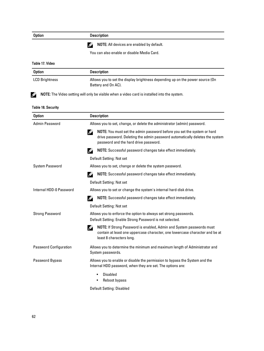 Dell E5530 owner manual Option Description You can also enable or disable Media Card 