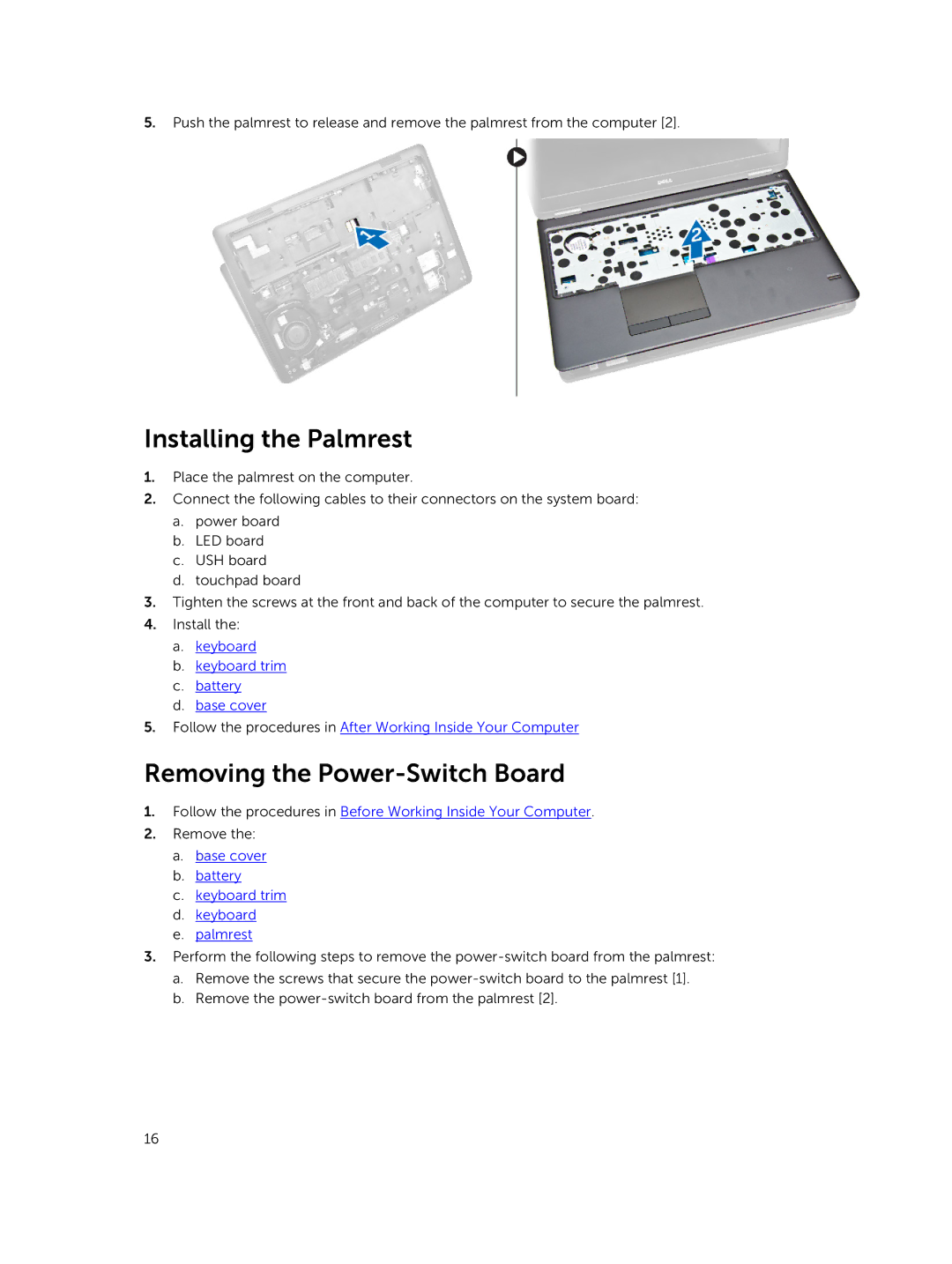 Dell E5550 owner manual Installing the Palmrest, Removing the Power-Switch Board 