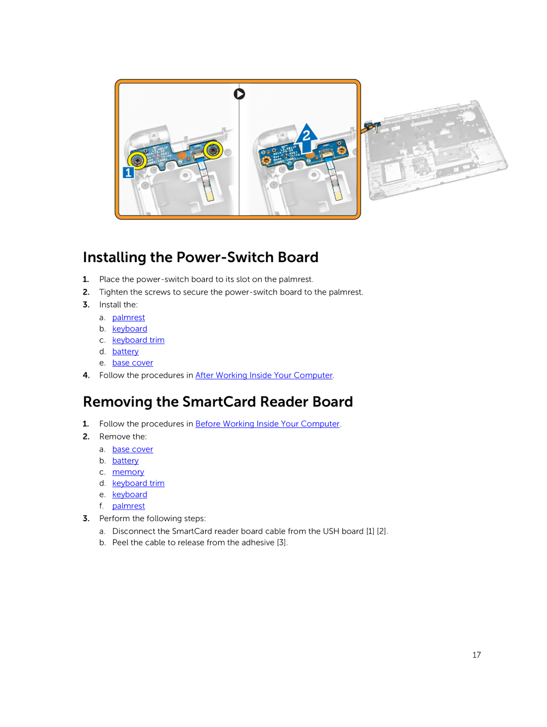 Dell E5550 owner manual Installing the Power-Switch Board, Removing the SmartCard Reader Board 