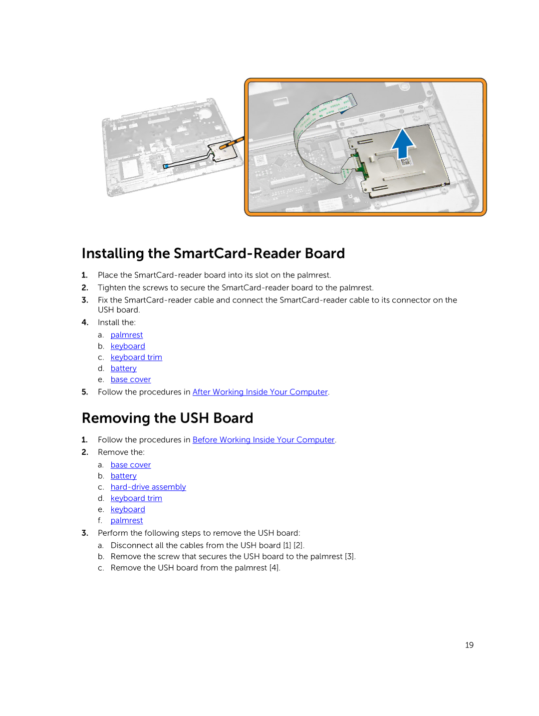 Dell E5550 owner manual Installing the SmartCard-Reader Board, Removing the USH Board 