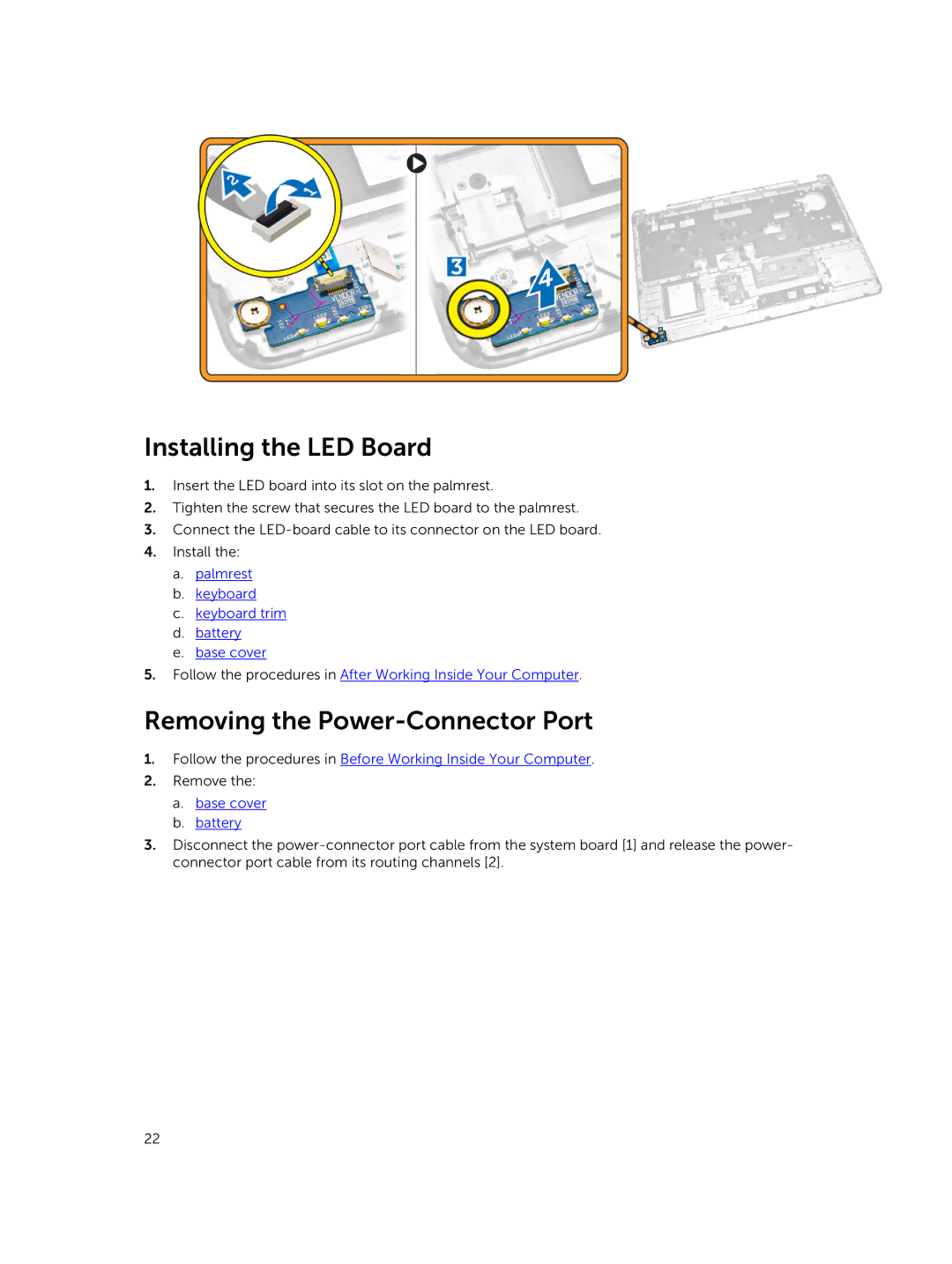 Dell E5550 owner manual Installing the LED Board, Removing the Power-Connector Port 