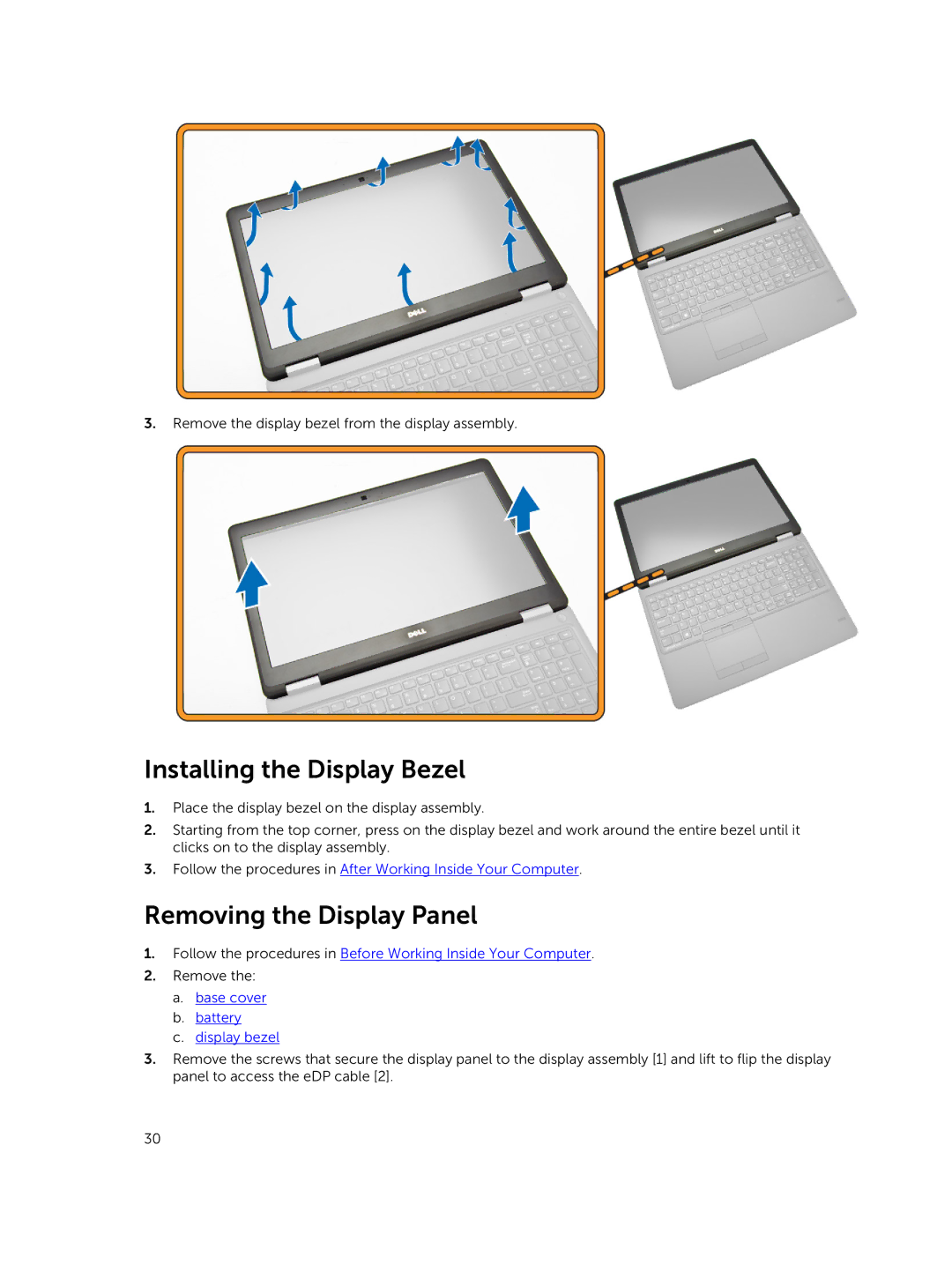 Dell E5550 owner manual Installing the Display Bezel, Removing the Display Panel 