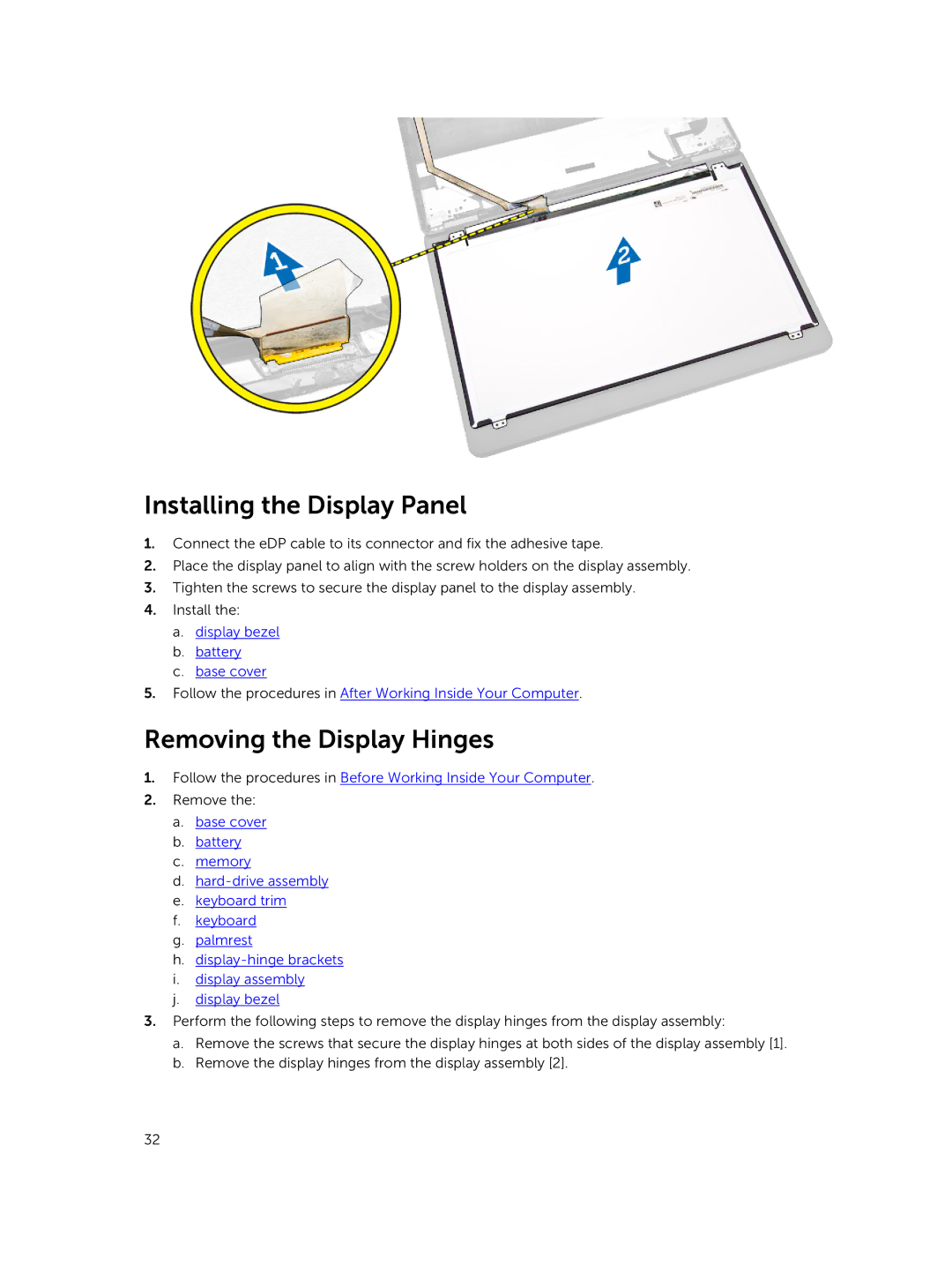 Dell E5550 owner manual Installing the Display Panel, Removing the Display Hinges 