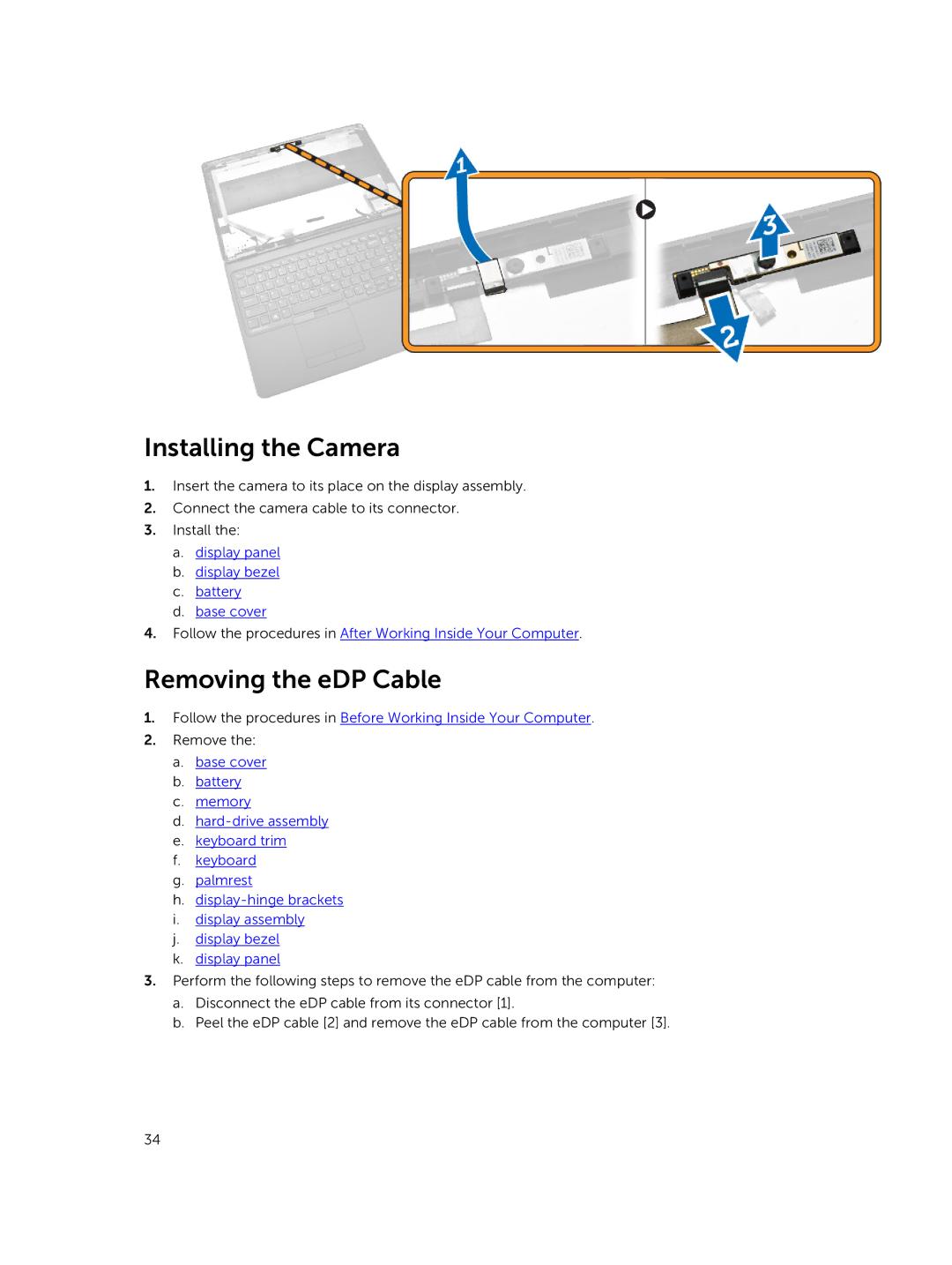 Dell E5550 owner manual Installing the Camera, Removing the eDP Cable 