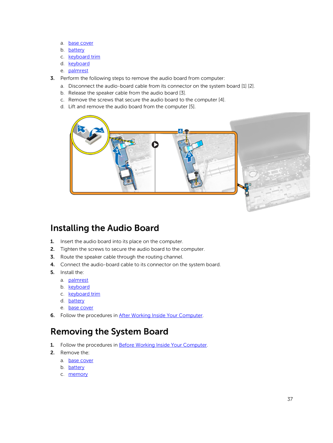 Dell E5550 owner manual Installing the Audio Board, Removing the System Board 