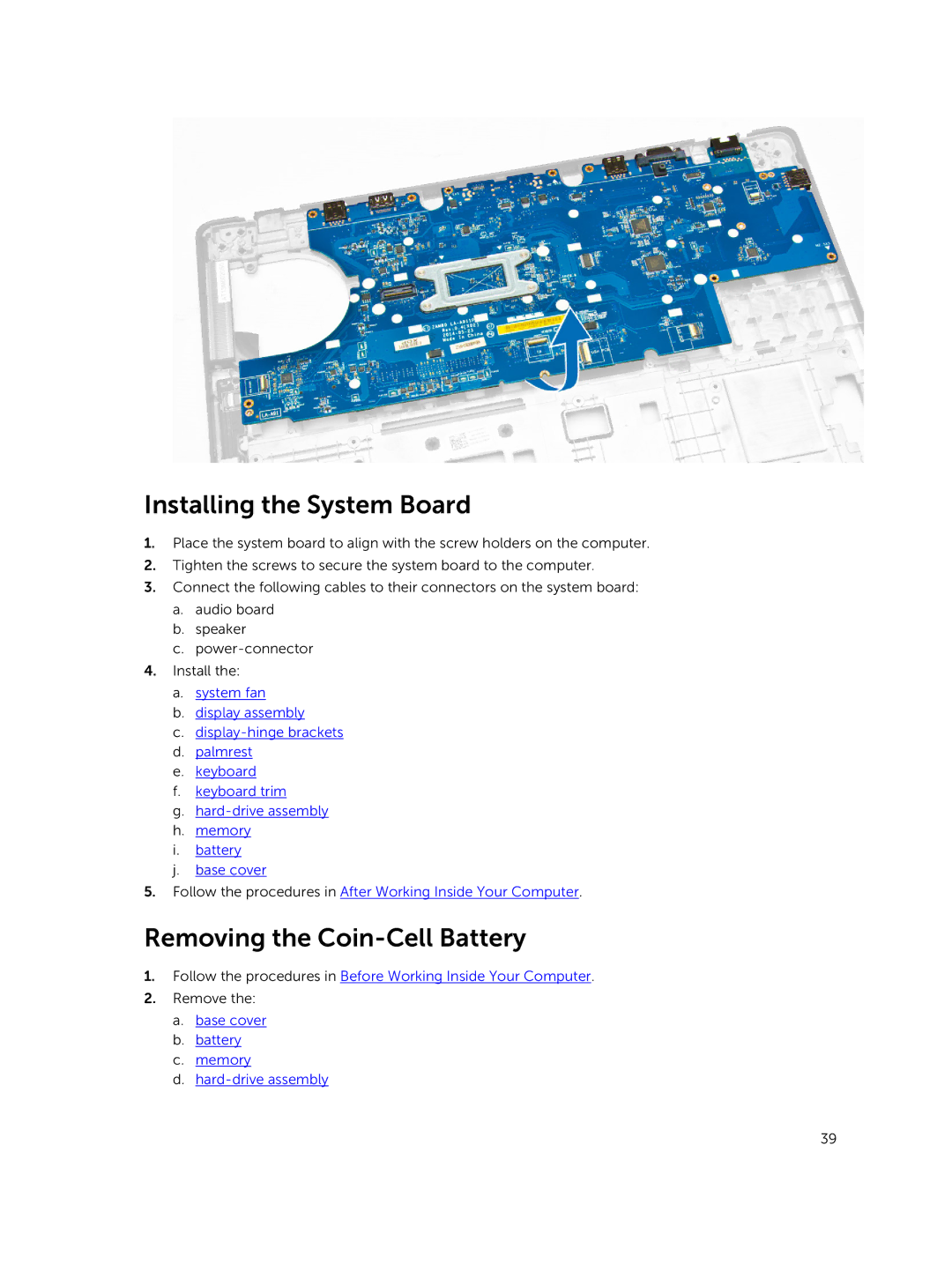 Dell E5550 owner manual Installing the System Board, Removing the Coin-Cell Battery 