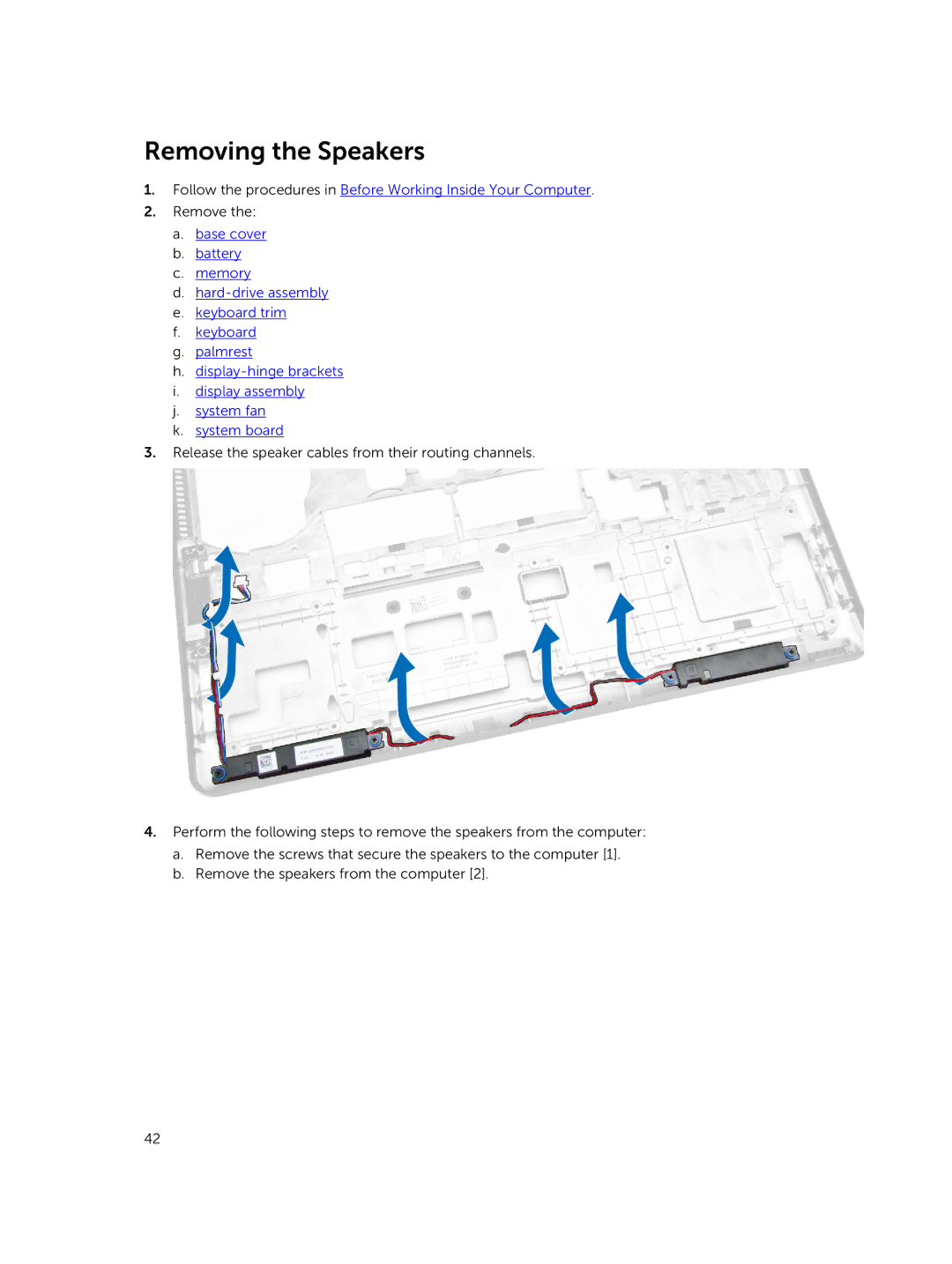 Dell E5550 owner manual Removing the Speakers 