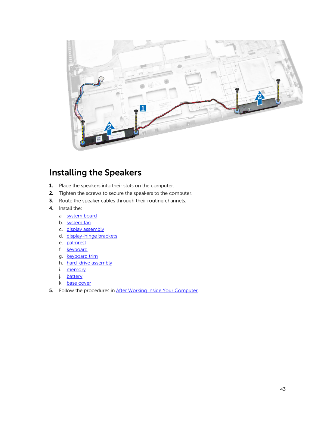 Dell E5550 owner manual Installing the Speakers 