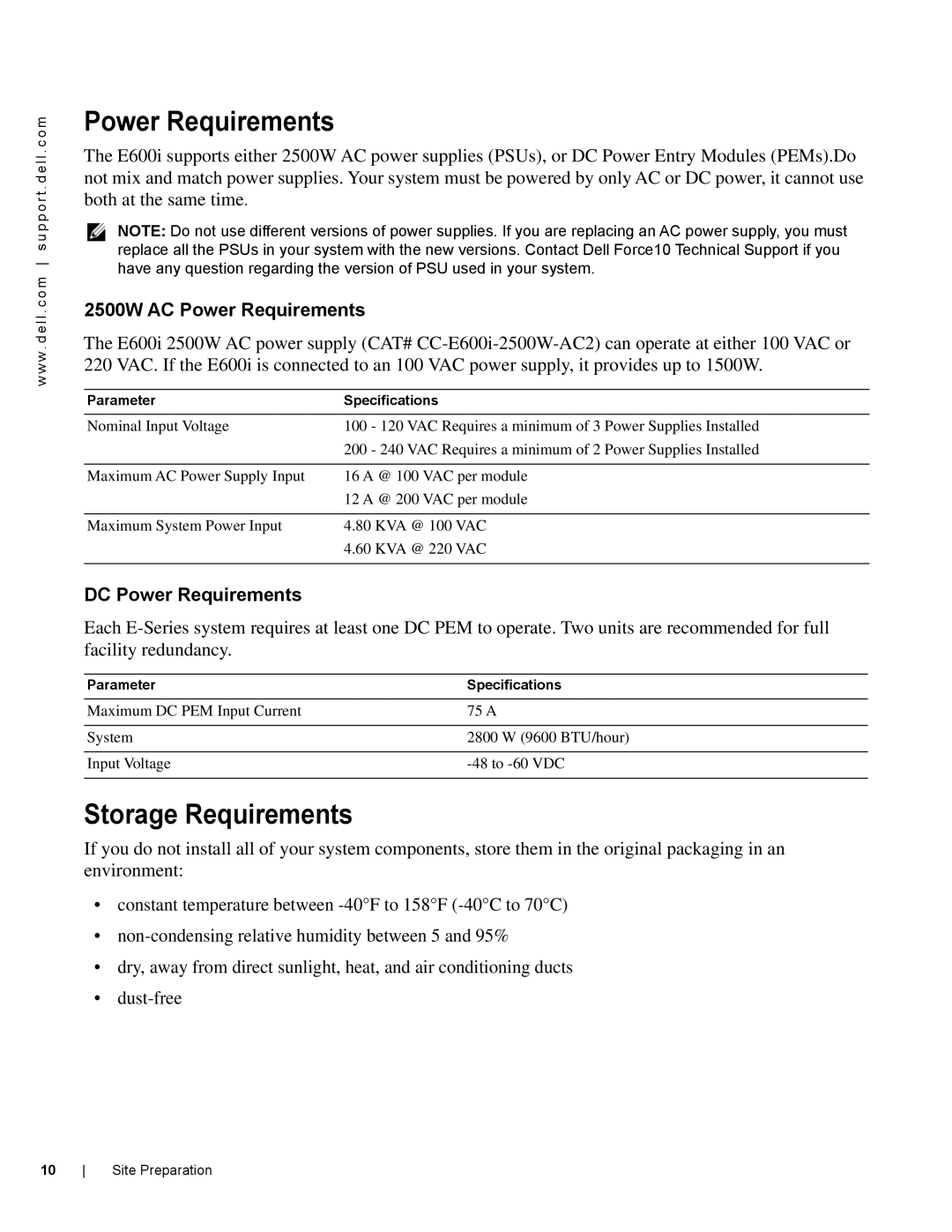 Dell E600I manual Storage Requirements, 2500W AC Power Requirements, DC Power Requirements 