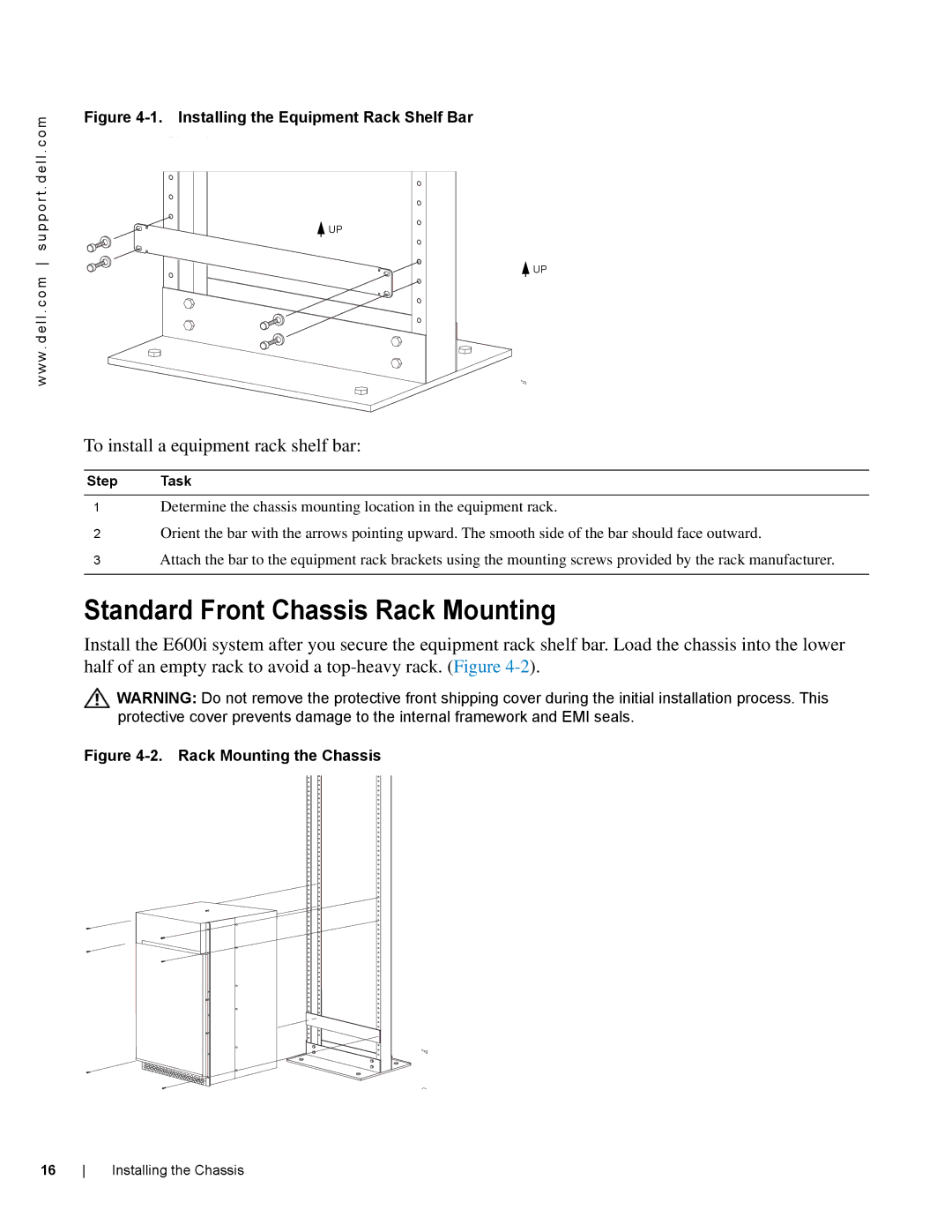 Dell E600I manual Standard Front Chassis Rack Mounting, To install a equipment rack shelf bar 