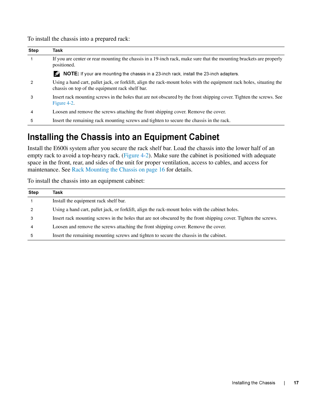 Dell E600I manual Installing the Chassis into an Equipment Cabinet, To install the chassis into a prepared rack 
