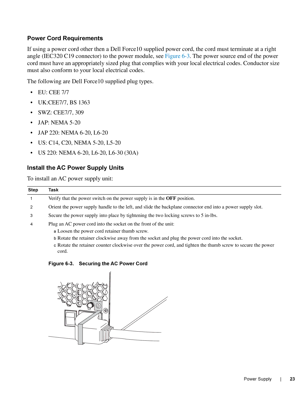 Dell E600I manual Power Cord Requirements, Install the AC Power Supply Units, To install an AC power supply unit 