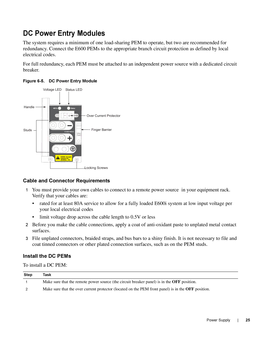 Dell E600I manual DC Power Entry Modules, Cable and Connector Requirements, Install the DC PEMs, To install a DC PEM 