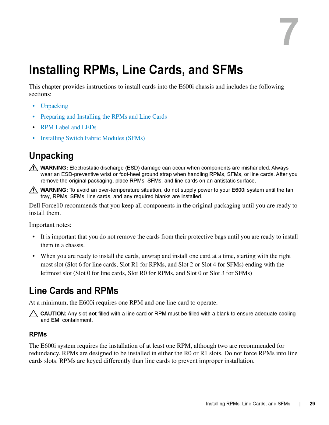 Dell E600I manual Installing RPMs, Line Cards, and SFMs, Unpacking, Line Cards and RPMs 