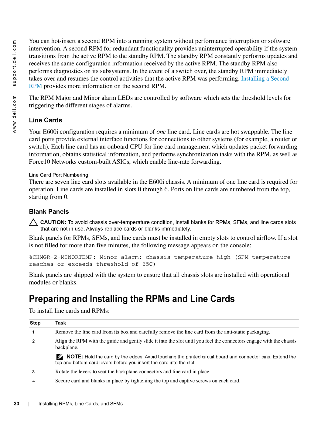 Dell E600I manual Preparing and Installing the RPMs and Line Cards, Blank Panels, To install line cards and RPMs 