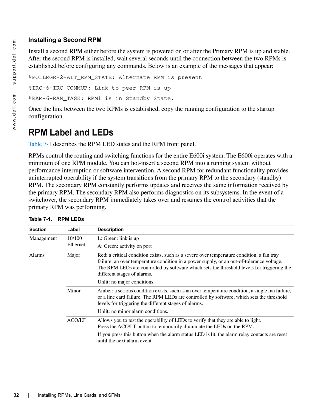 Dell E600I manual RPM Label and LEDs, Installing a Second RPM, RPM LEDs 