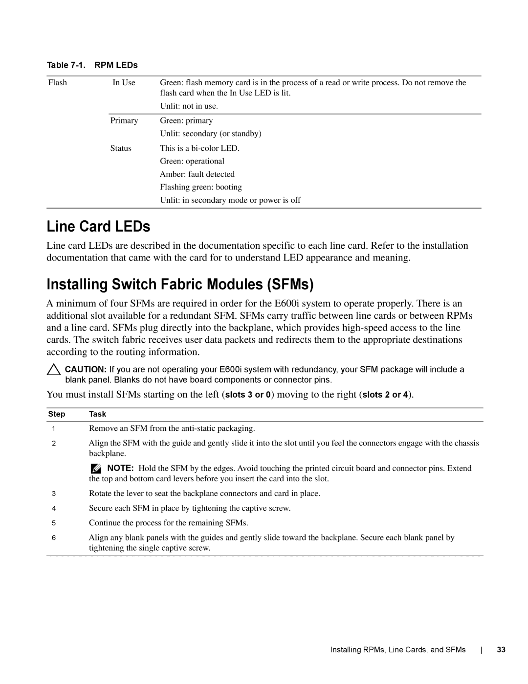 Dell E600I manual Line Card LEDs, Installing Switch Fabric Modules SFMs 