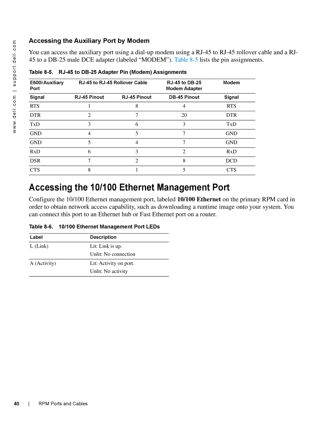 Dell E600I manual Accessing the 10/100 Ethernet Management Port, Accessing the Auxiliary Port by Modem 