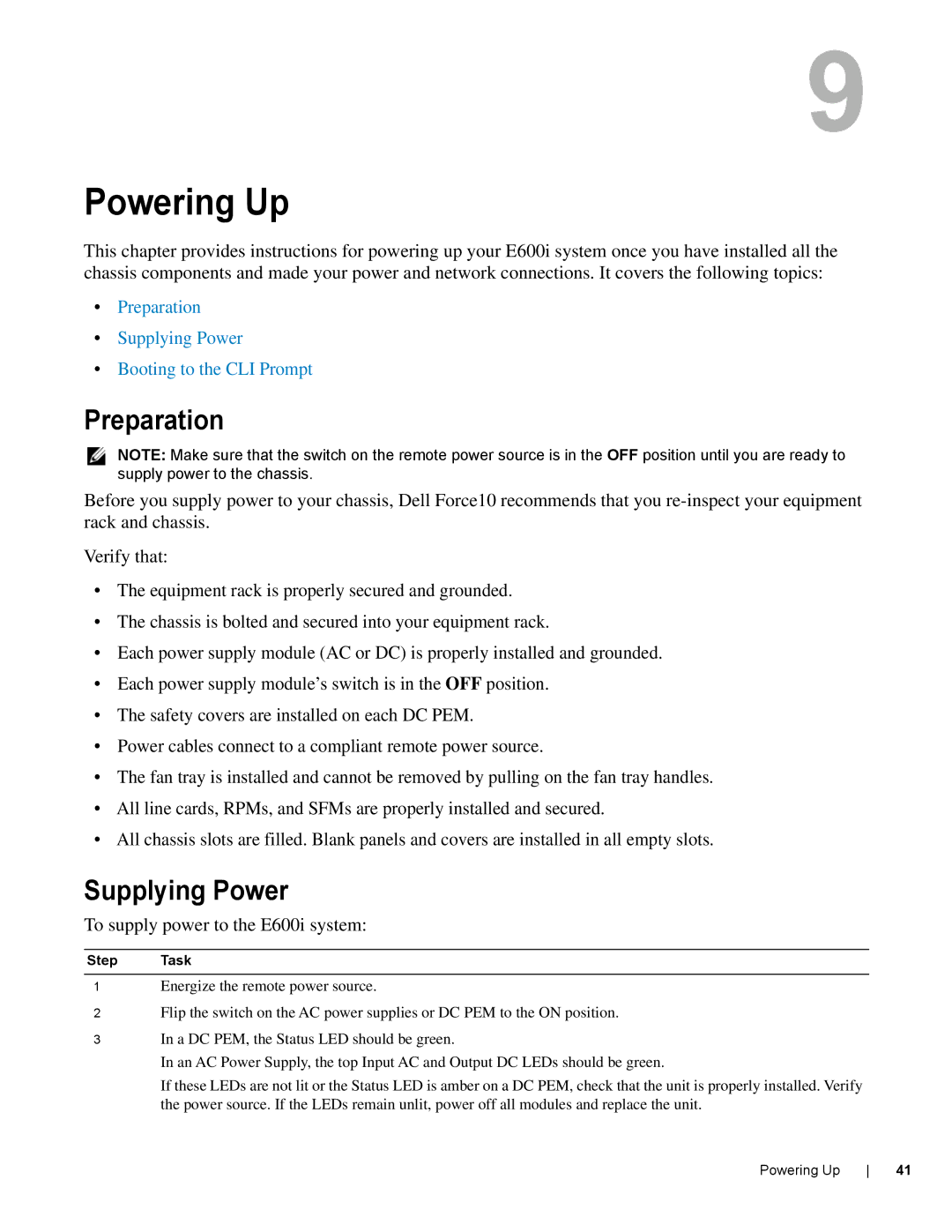 Dell E600I manual Powering Up, Preparation, Supplying Power, To supply power to the E600i system 