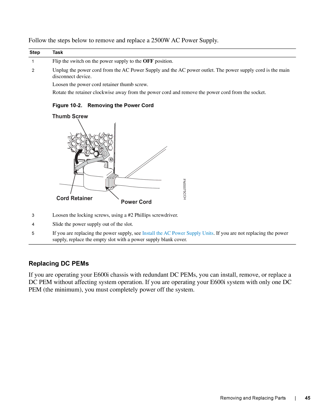 Dell E600I manual Replacing DC PEMs, Removing the Power Cord 