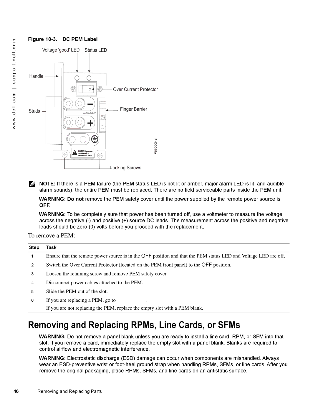 Dell E600I manual Removing and Replacing RPMs, Line Cards, or SFMs, DC PEM Label 